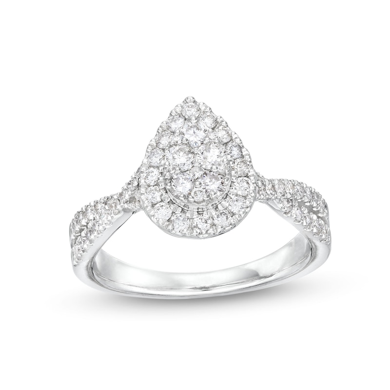 Main Image 1 of 3/4 CT. T.W. Pear Multi-Diamond Frame Twist Split Shank Engagement Ring in 10K White Gold