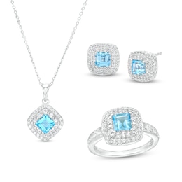 Princess-Cut Swiss Blue Topaz and White Lab-Created Sapphire Pendant, Ring and Stud Earrings Set in Sterling Silver