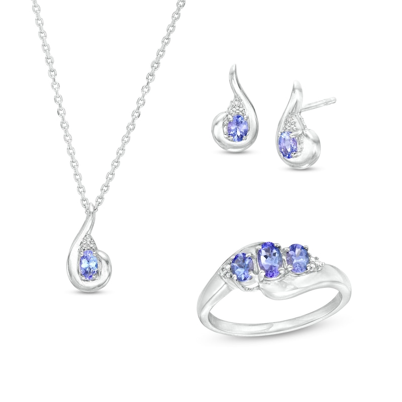 Main Image 1 of Oval Tanzanite and Diamond Accent Swirl Pendant, Ring and Stud Earrings Set in Sterling Silver