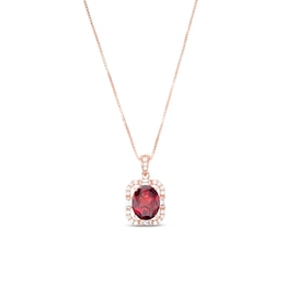 Oval Garnet and White Lab-Created Sapphire Cushion-Shaped Frame Pendant in Sterling Silver with 14K Rose Gold Plate