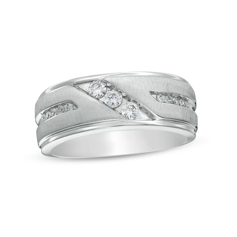 Main Image 1 of Men's 1/3 CT. T.W. Diamond Three Stone Slant Wedding Band in 10K White Gold