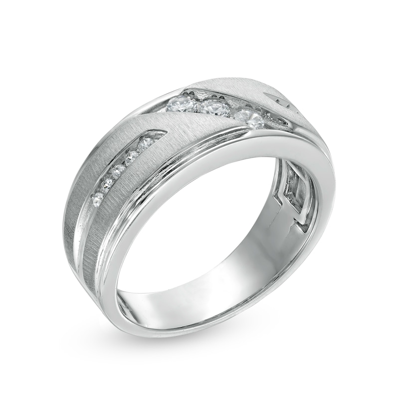 Main Image 3 of Men's 1/3 CT. T.W. Diamond Three Stone Slant Wedding Band in 10K White Gold