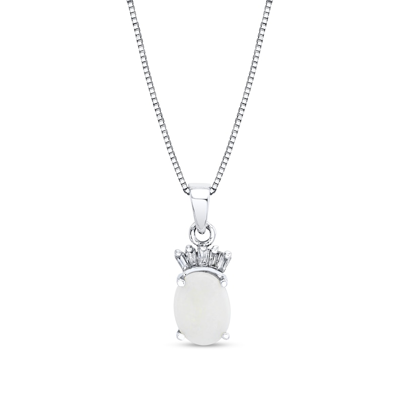 Main Image 1 of Oval Opal and 1/15 CT. T.W. Baguette Diamond Stacked Pendant in 14K White Gold