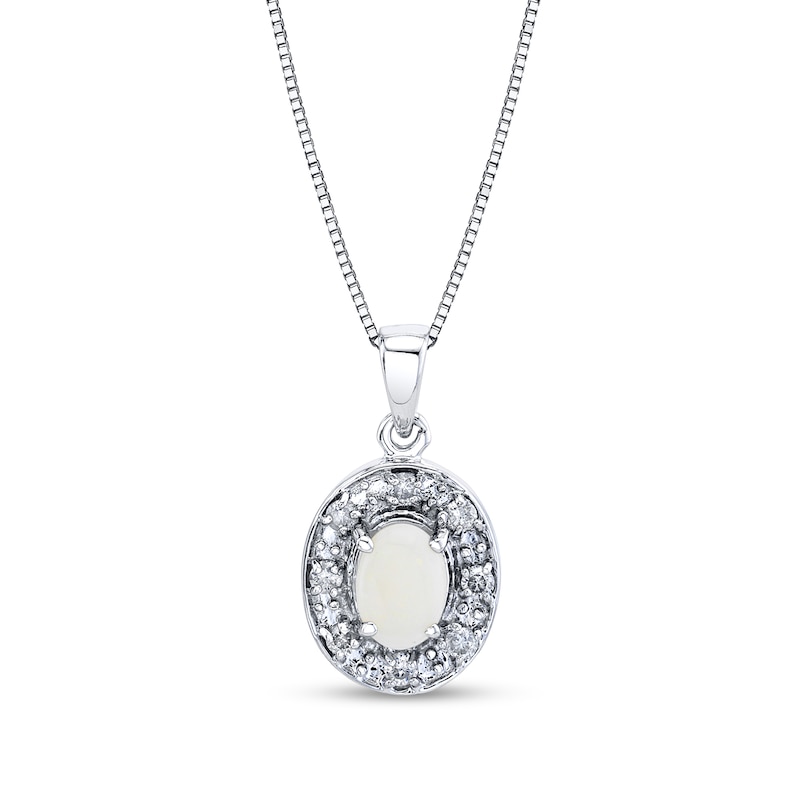 Main Image 1 of Oval Opal and 1/5 CT. T.W. Diamond Frame Pendant in 14K White Gold