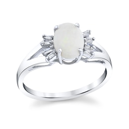 Oval Opal and 1/8 CT. T.W. Baguette Diamond Ring in 14K White Gold