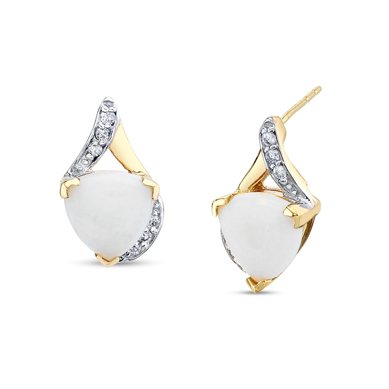 Main Image 1 of 8.0mm Trillion-Cut Opal and 1/8 CT. T.W. Diamond Drop Earrings in 14K Gold