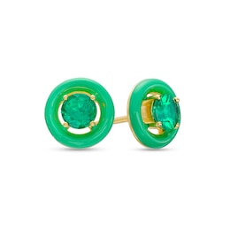 5.0mm Lab-Created Emerald Frame Green Enamel Stud Earrings in Sterling Silver with 18K Gold Plate