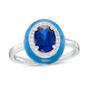 Thumbnail Image 0 of Oval Blue and Round White Lab-Created Sapphire Frame Blue Enamel Ring in Sterling Silver