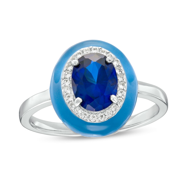 Oval Blue and Round White Lab-Created Sapphire Frame Blue Enamel Ring in Sterling Silver