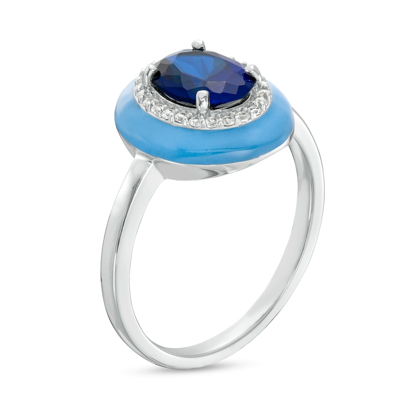 Oval Blue and Round White Lab-Created Sapphire Frame Blue Enamel Ring in Sterling Silver