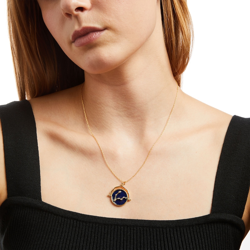 Main Image 2 of White Lab-Created Sapphire Pisces Blue Enamel Flip Disc Pendant in Sterling Silver and 18K Gold Plate