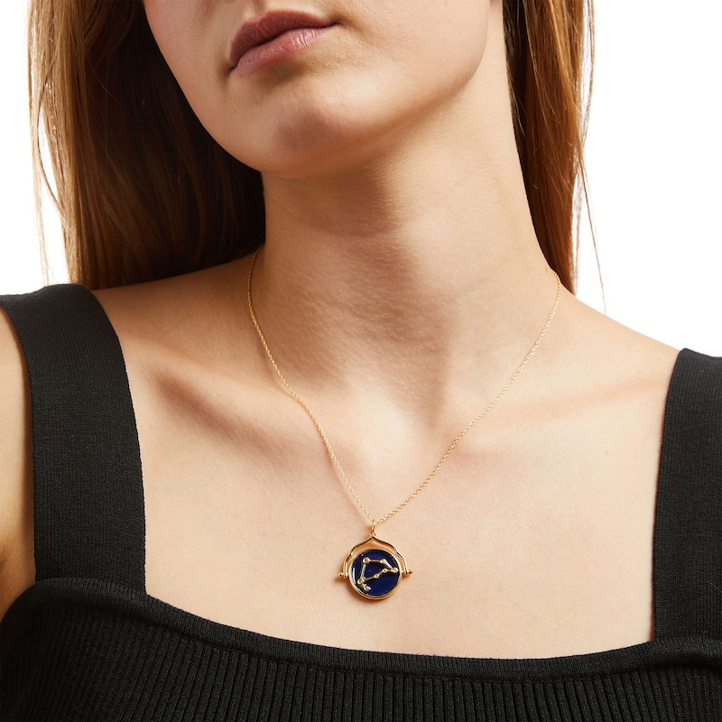 White Lab-Created Sapphire Capricorn Blue Enamel Flip Disc Pendant in Sterling Silver with 18K Gold Plate