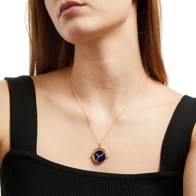 White Lab-Created Sapphire Cancer Blue Enamel Flip Disc Pendant in Sterling Silver with 18K Gold Plate