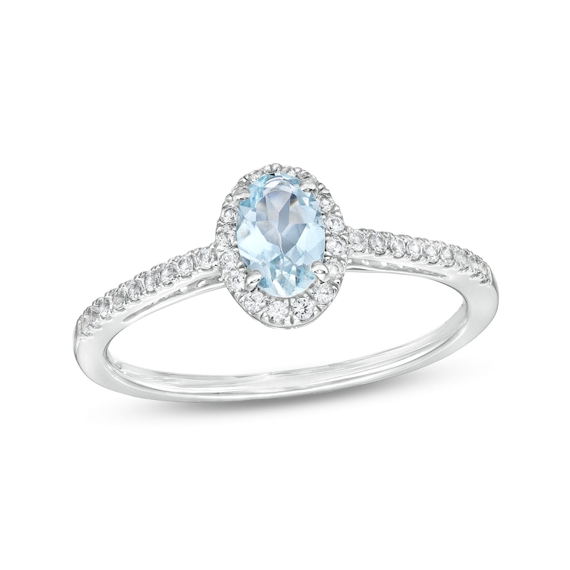 Main Image 1 of Oval Aquamarine and White Lab-Created Sapphire Frame Ring in 10K White Gold