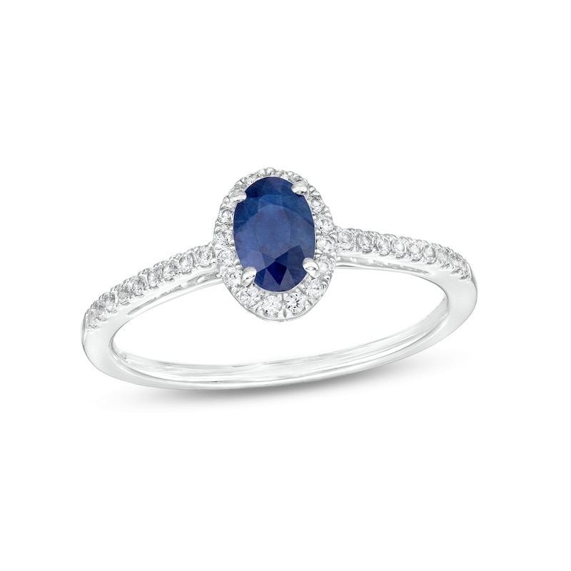 Oval Blue and White Lab-Created Sapphire Frame Ring in 10K White Gold