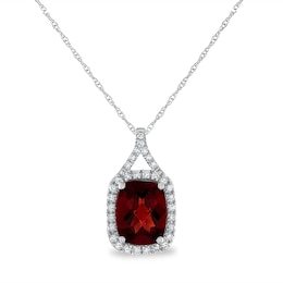 Cushion-Cut Garnet and 1/8 CT. T.W. Diamond Frame Split Bail Pendant in 14K White Gold