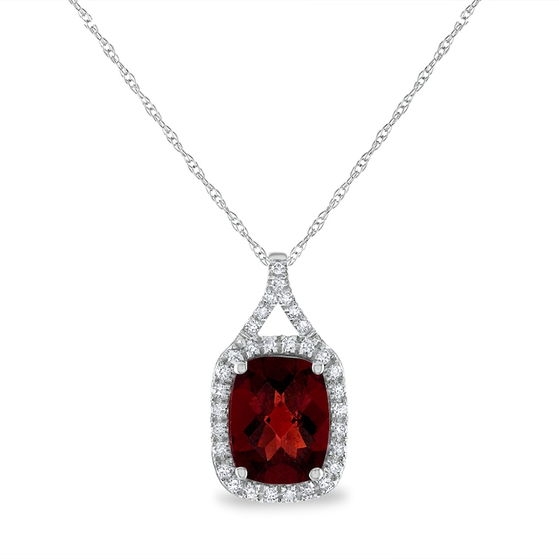 Cushion-Cut Garnet and 1/8 CT. T.W. Diamond Frame Split Bail Pendant in 14K White Gold