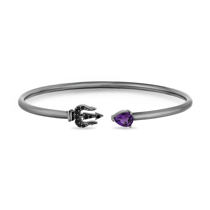 Main Image 1 of Enchanted Disney Villains Ursula Pear-Shaped Amethyst and 1/8 CT. T.W. Black Diamond Open Bangle in Sterling Silver