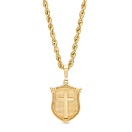 Men's Textured Cross Shield Pendant in 10K Gold – 22&quot;