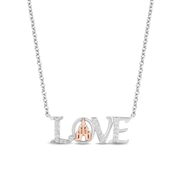 Enchanted Disney 1/10 CT. T.W. Diamond Majestic Princess &quot;LOVE&quot; Necklace in Sterling Silver and 10K Rose Gold