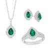 Thumbnail Image 0 of Pear-Shaped Lab-Created Emerald and White Lab-Created Sapphire Pendant, Ring and Stud Earrings Set in Sterling Silver