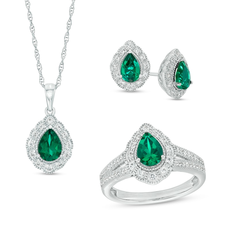 Pear-Shaped Lab-Created Emerald and White Lab-Created Sapphire Pendant, Ring and Stud Earrings Set in Sterling Silver