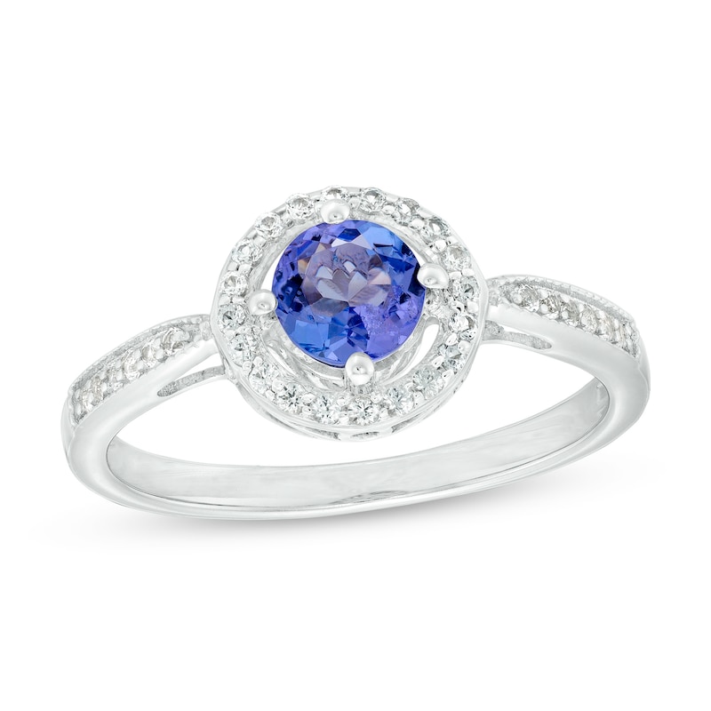 Main Image 1 of 5.0mm Tanzanite and White Lab-Created Sapphire Frame Ring in Sterling Silver