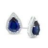 Thumbnail Image 1 of Blue Lab-Created Sapphire and 1/5 CT. T.W. Diamond Frame Vintage-Style Shield Stud Earrings in Sterling Silver