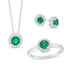 Thumbnail Image 1 of Lab-Created Emerald and White Lab-Created Sapphire Frame Pendant, Ring and Stud Earrings Set in Sterling Silver