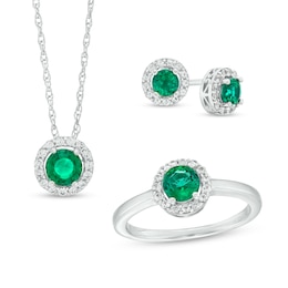 Lab-Created Emerald and White Lab-Created Sapphire Frame Pendant, Ring and Stud Earrings Set in Sterling Silver