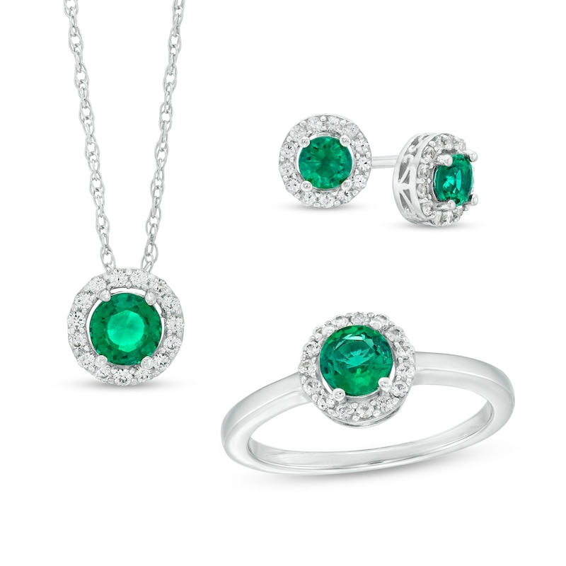 Main Image 1 of Lab-Created Emerald and White Lab-Created Sapphire Frame Pendant, Ring and Stud Earrings Set in Sterling Silver