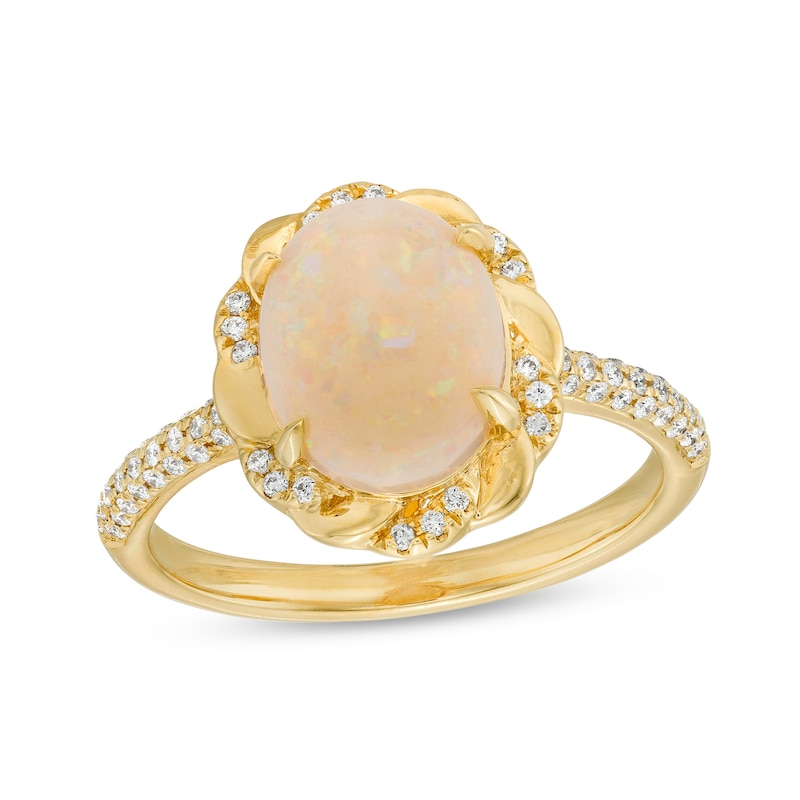 Main Image 1 of EFFY™ Collection Oval Opal and 1/8 CT. T.W. Diamond Frame Ring in 14K Gold