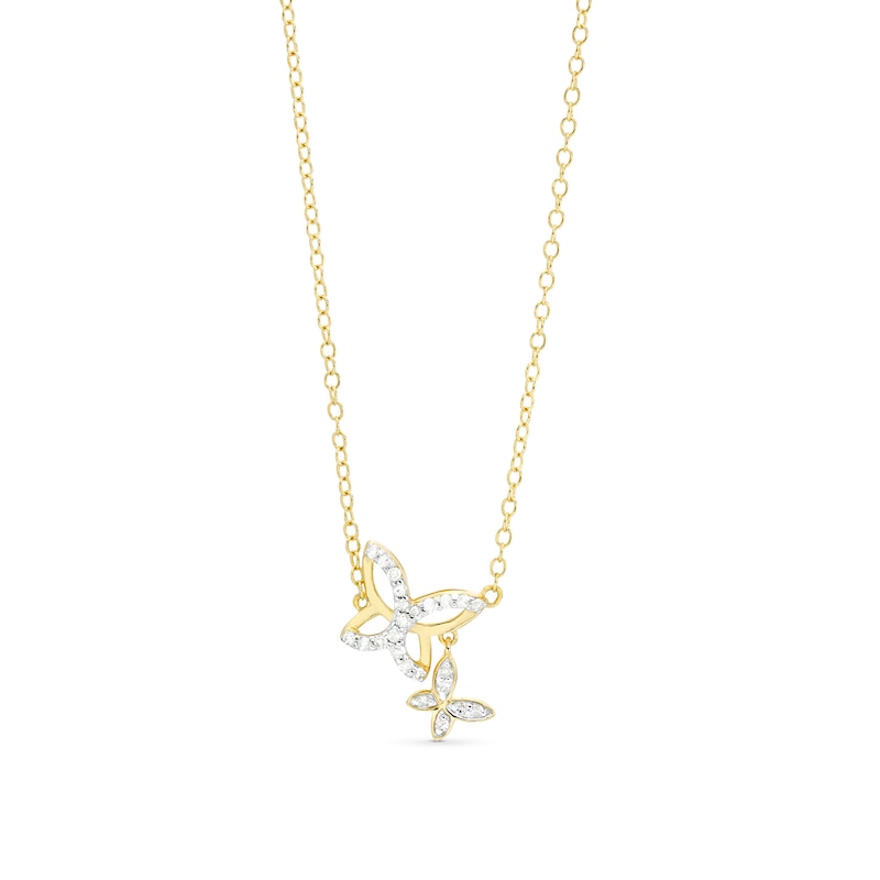 Main Image 1 of 1/8 CT. T.W. Diamond Double Butterfly Necklace in Sterling Silver with 18K Gold Plate