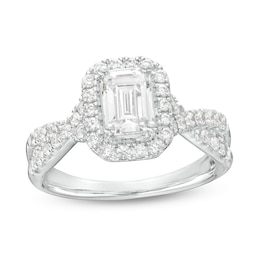 1-1/2 CT. T.W. Certified Emerald-Cut Lab-Created Diamond Frame Twist Shank Engagement Ring in 14K White Gold (F/VS2)