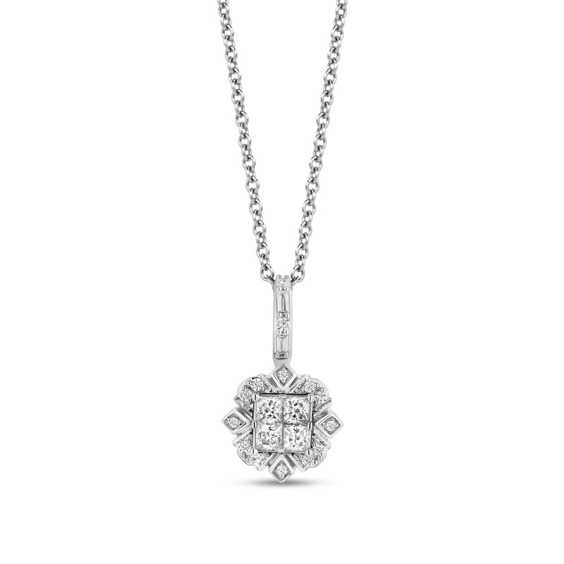 Main Image 1 of Enchanted Disney Elsa 3/8 CT. T.W. Quad Princess-Cut Diamond Frame Snowflake Pendant in Sterling Silver – 19&quot;