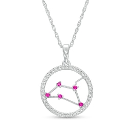 Lab-Created Ruby and White Lab-Created Sapphire Leo Circle Outline Pendant in Sterling Silver