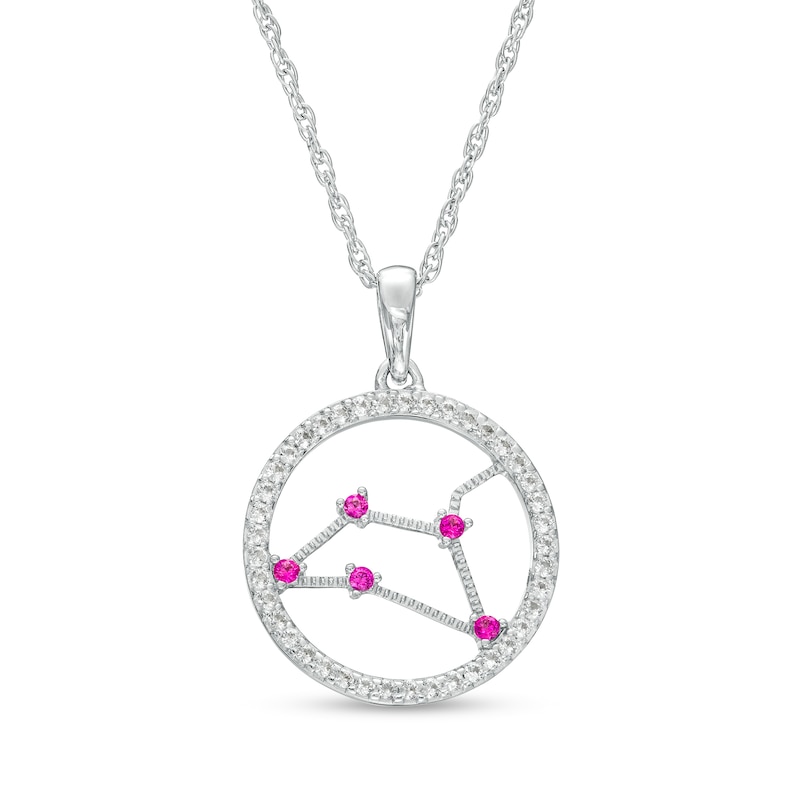 Lab-Created Ruby and White Lab-Created Sapphire Leo Circle Outline Pendant in Sterling Silver