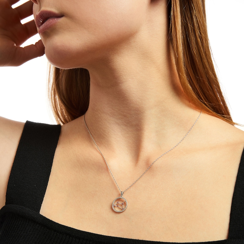 Lab-Created Ruby and White Lab-Created Sapphire Leo Circle Outline Pendant in Sterling Silver