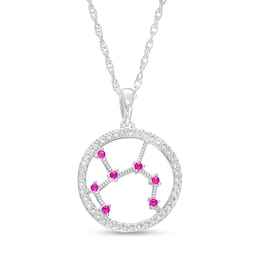 Lab-Created Ruby and White Lab-Created Sapphire Sagittarius Circle Outline Pendant in Sterling Silver