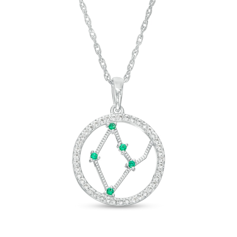 Main Image 1 of Lab-Created Emerald and White Lab-Created Sapphire Virgo Circle Outline Pendant in Sterling Silver