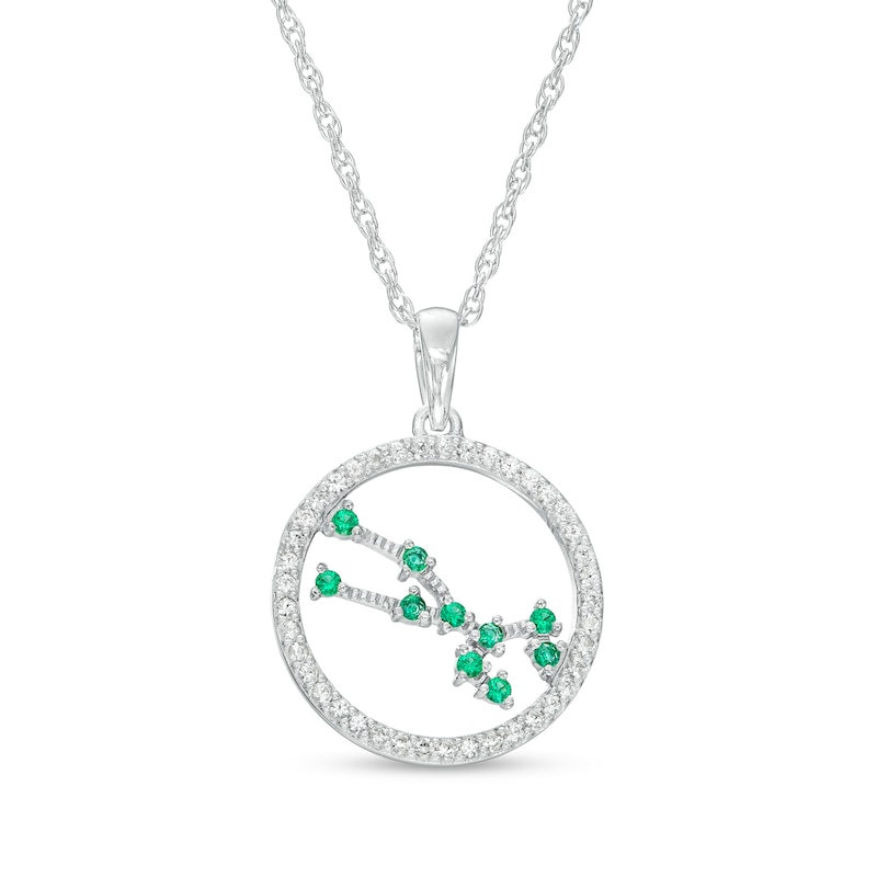 Main Image 1 of Lab-Created Emerald and White Lab-Created Sapphire Taurus Circle Outline Pendant in Sterling Silver