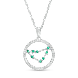 Lab-Created Emerald and White Lab-Created Sapphire Capricorn Circle Outline Pendant in Sterling Silver