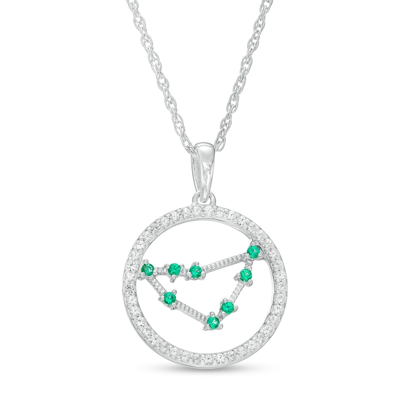 Main Image 1 of Lab-Created Emerald and White Lab-Created Sapphire Capricorn Circle Outline Pendant in Sterling Silver