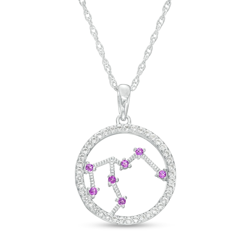 Lab-Created Amethyst and White Lab-Created Sapphire Aquarius Circle Outline Pendant in Sterling Silver