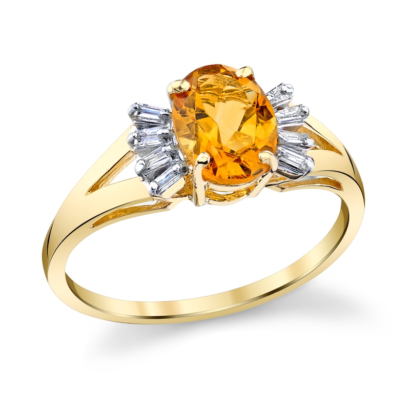 Main Image 1 of Oval Citrine and 1/8 CT. T.W. Baguette Diamond Collar Ring in 14K Gold