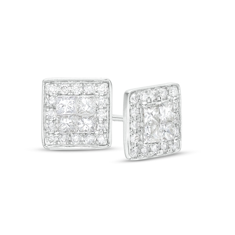 Men's 1 CT. T.W. Quad Square-Cut Diamond Frame Stud Earrings in 14K ...