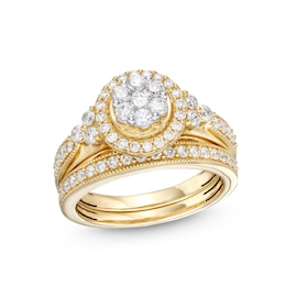 1 CT. T.W. Multi-Diamond Frame Tri-Sides Vintage-Style Bridal Set in 10K Gold