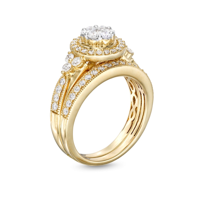 Main Image 3 of 1 CT. T.W. Multi-Diamond Frame Tri-Sides Vintage-Style Bridal Set in 10K Gold