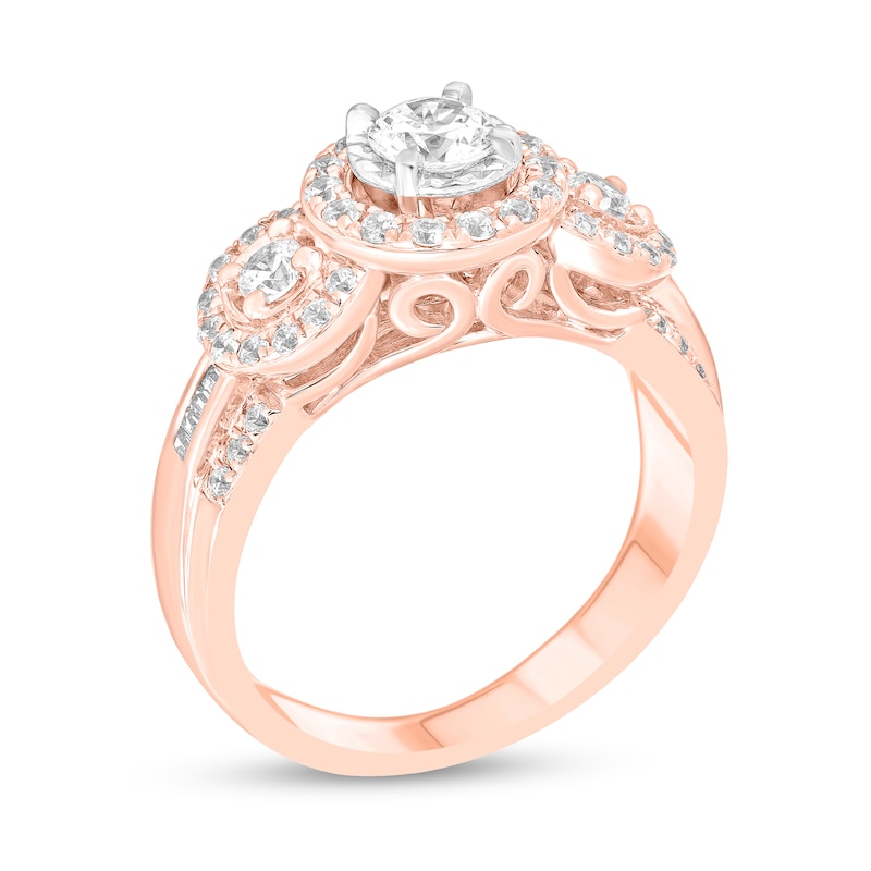 1 CT. T.W. Diamond Frame Three Stone Triple Row Engagement Ring in 14K Rose Gold