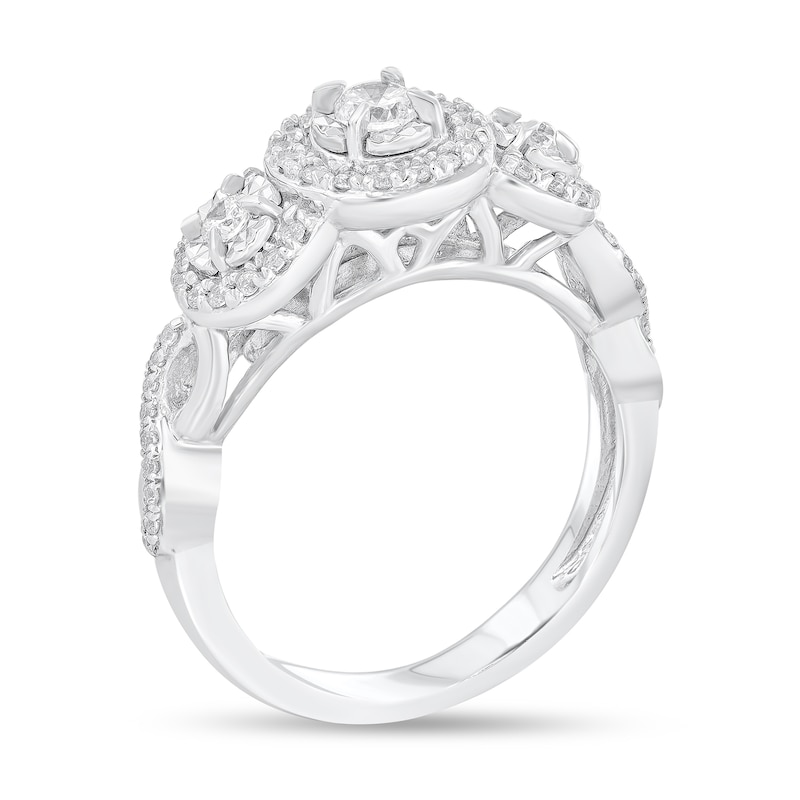 Main Image 2 of 1/2 CT. T.W. Diamond Frame Three Stone Twist Shank Engagement Ring in 10K White Gold